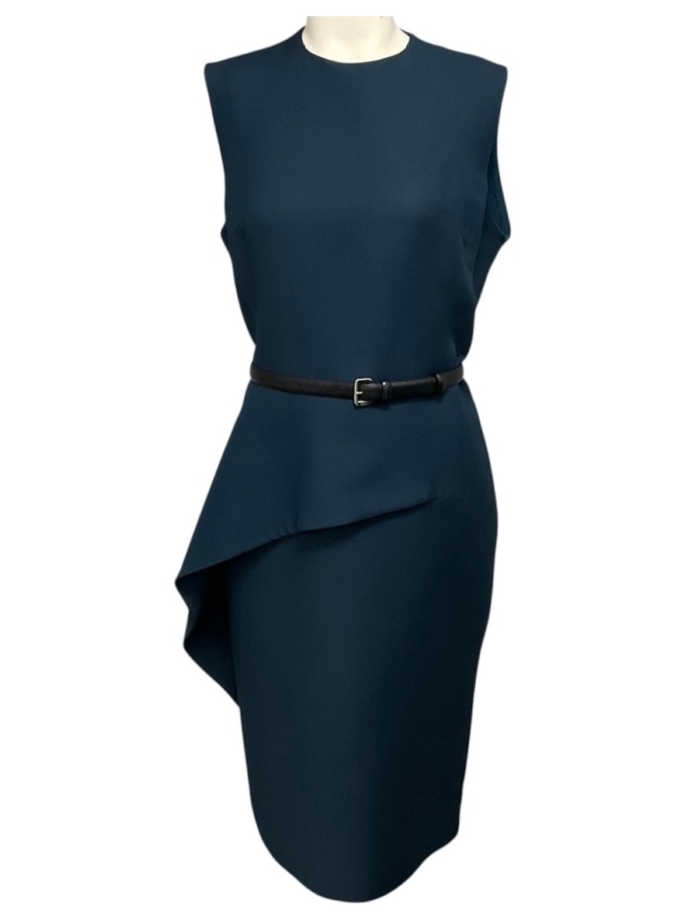 CHRISTIAN DIOR TEAL RUFFLED SLEEVELESS CREPE FITTED MIDI DRESS WITH BELT